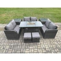 8 Seater Outdoor Rattan Furniture Garden Dining Set Gas Fire Pit Table with Side Table Love Sofa 2 Small Footstools
