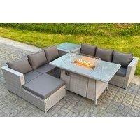 Corner Rattan Fire Pit Gas Heater Burner Lounge Sofa With Side Coffee Table Big Footstool