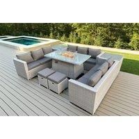 Light Grey U Shape Lounge Sofa Dining Set With Gas Fire Pit Dining Table Garden Furniture Set Heater Burner