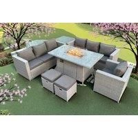 Light Grey U Shape Lounge Sofa Dining Set With Gas Fire Pit Rattan Garden Furniture Set Heater Burner
