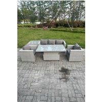 Rattan Garden Funiture Set Height Adjustable Rising Lifting Table Loung Sofa Dining Set With 2 Arm Chair