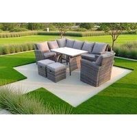 High Back Rattan Corner Sofa Set Outdoor Furniture Rectangular Dining Table 2 Small Footstools 9 Seater