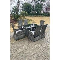 Outdoor PE Wicker Rattan Adjustable Chair Black Tempered Oblong Dining Table And Chair Sets 6 Seater