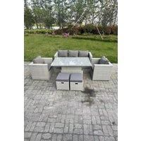 Rattan Garden Funiture Set Adjustable Rising Lifting Table Sofa Dining Set With 2 Arm Chair Stool