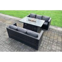 6-Seater Rattan Sofa Set Fire Pit Table - Grey