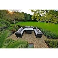 9 Seater U Shape Outdoor Lounge Rattan Sofa Set Garden Furniture Gas Firepit Set Dining Table Dark Grey