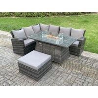 7 Seater High Back Rattan Gas Fire Pit Corner Sofa Dining Set Garden Furniture Heater Dining Table Left Side