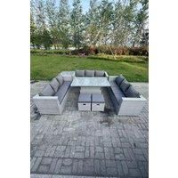 Fimous U Shape Rattan Garden Furniture Set Adjustable Rising Lifting Table Dining Set Coffee Tea Table in Light Grey