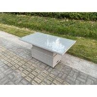Rattan Garden Furniture Adjustable Rising Dining Coffee Table In Light Grey Mixed With Clear Tempered Glass Semi Assembled