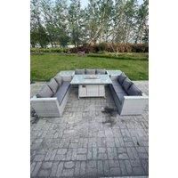 Light Grey U Shape Lounge Sofa Dining Set With Gas Heater Firepit Burner Side Coffee Tea Table