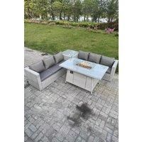 Fimous Corner Rattan Fire Pit Garden Furniture Set Gas Heater Burner Lounge Sofa Dining Table in Light Grey