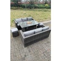 Outdoor PE Rattan Garden Furniture Gas Fire Pit Dining Table Lounge Sofa 2 PC Footstools Dark Grey