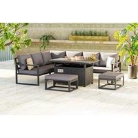 Aluminum Outdoor Garden Furniture Corner Sofa Gas Fire Pit Dining Table Sets 2 PC Stools Gas Heater Burner Dark Grey 9 Seater