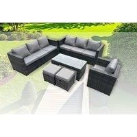 Outdoor Rattan Garden Furniture Lounge Sofa Set With Oblong Rectagular Coffee Table 2 Stools