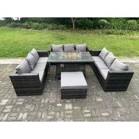 Rattan Garden Furniture Sofa Set Outdoor Patio Gas Fire Pit Dining Table Gas Heater Burner 10 Seater