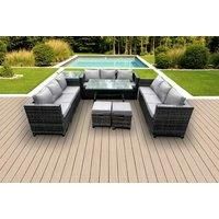 Rattan Outdoor Furniture Lounge Sofa Garden Dining Set with Dining Table Side Table 2 Small Footstools