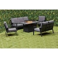 Aluminium Patio Outdoor Garden Furniture Corner Sofa Set Gas Fire Pit Dining Table with 3 Chairs 2 Big Footstools Dark Grey