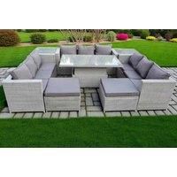 11 Seater PE Rattan Garden Funiture Set Adjustable Rising Lifting Table Sofa Dining Set with 2 Side Tables