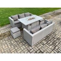 Garden Dining Sets Outdoor PE Rattan Furniture Gas Fire Pit Dining Table Gas Heater with 2 Small Footstool