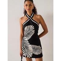 Forever New Adore Halter Neck Palm Linen Mini - Black