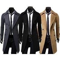Men'S Double-Breasted Long Coat - Black, Grey, Or Khaki