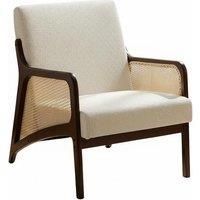 Beige Corduroy Armchair Featuring Stylish Rattan Armrests and Wood Frame