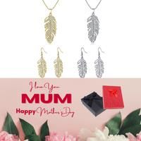 Feather Necklace And Earring Set+Md Box - Silver