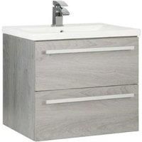 Silver Oak Bathroom 2 Drawer Hung Unit with Ceramic Basin 60cm Wide