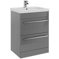Grey Gloss 2 Drawer Standing Unit with Ceramic Basin 60cm Wide