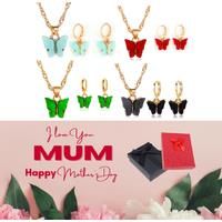 Butterfly Necklace & Earrings Set+Md Box - Red