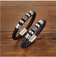Men'S Leather Bracelet Titanium Beads - Silver