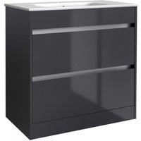 Grey Gloss Bathroom 2-Drawer Standing Unit with Basin 80cm Wide