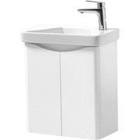 Gloss White Wall Hung 2 Door Tall Unit and Ceramic Basin 50cm Wide