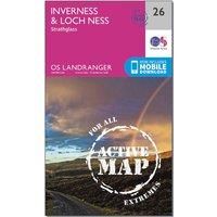 Ordnance Survey Landranger Active 26 Inverness & Loch Ness, Strathglass Map With Digital Version, Pink