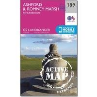 Ordnance Survey Landranger Active 189 Ashford & Romney Marsh, Rye & Folkestone Map With Digital Version, Pink