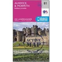 Ordnance Survey Landranger Active 81 Alnwick & Morpeth, Rothbury & Amble Map With Digital Version, Pink/D